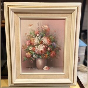 Still Life Oil on Board Flowers in Vase Framed Painting Signed M. Linda